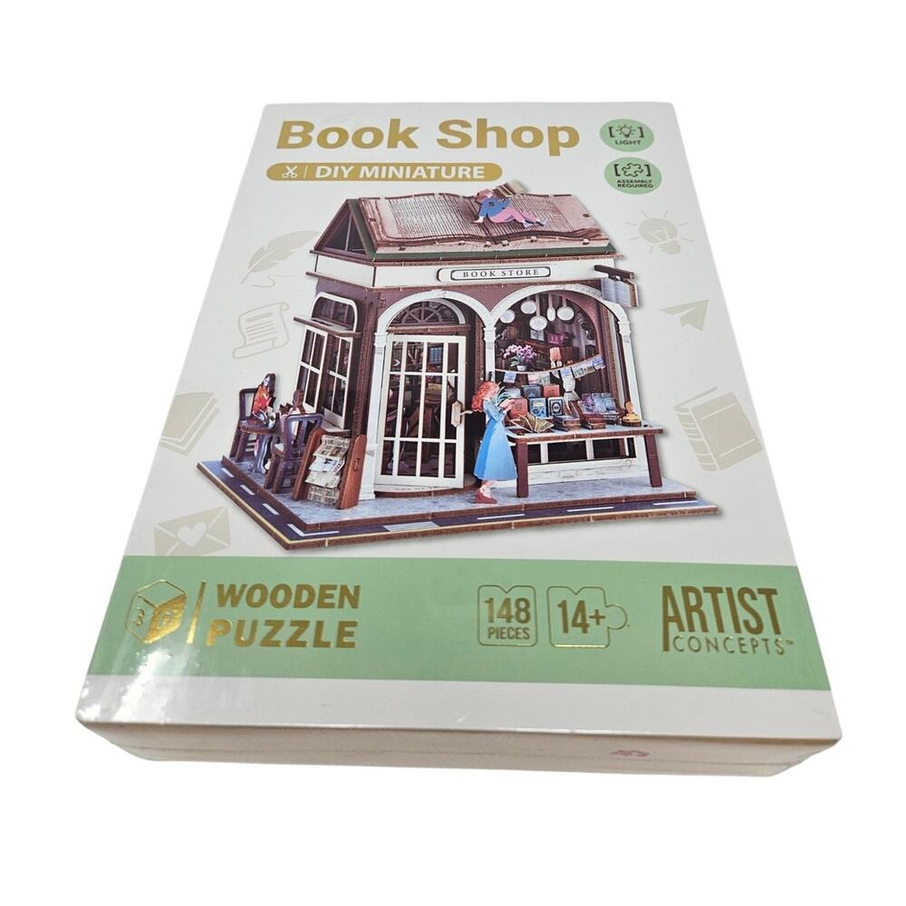 NEW Artist Concepts Book Shop DIY Miniture Wooden Puzzle Nook 148 Piece Light up